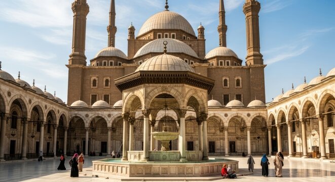 Muhammad Ali Mosque Courtyard with Ornate Fountain, Domes, and Minarets under Blue Sky in Cairo, Egypt