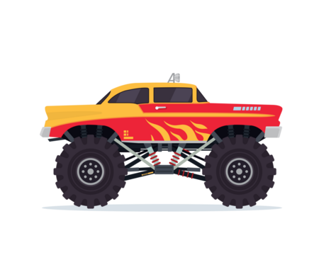 Monster Truck Pixel Art with Yellow and Red Flames Isolated on Transparent Background