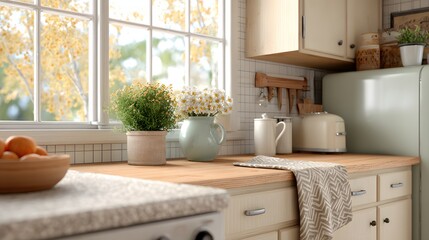 Cozy Kitchen Interior with Vintage Appliances and Warm Autumn Light Streaming Through the Window