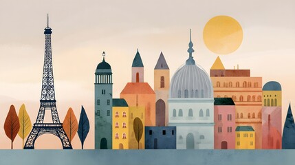 Obraz premium Colorful Illustration of Paris Cityscape Featuring Eiffel Tower and Sunset Sky with Buildings and Trees