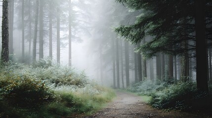 Fototapeta premium Misty Forest Pathway Through Lush Trees and Wildflowers in Tranquil Woodland Setting