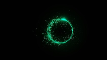 A vivid green glowing energy ring with sparkling particles dispersing in all directions, set against a pure black background, creating a dynamic futuristic sci-fi visual perfect for digital concepts.