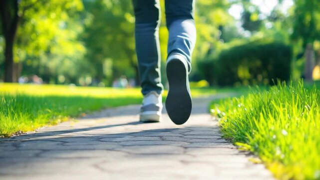 Person walking on park path surrounded by greenery