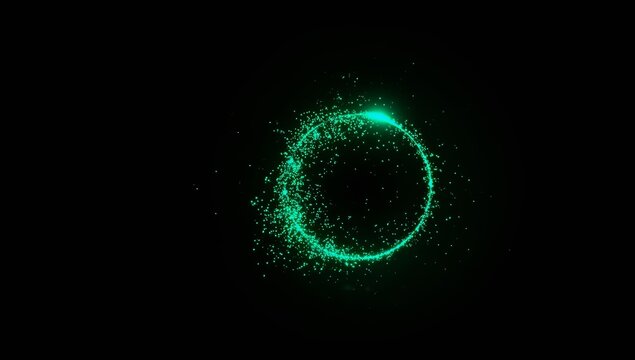 A vivid green glowing energy ring with sparkling particles dispersing in all directions, set against a pure black background, creating a dynamic futuristic sci-fi visual perfect for digital concepts.