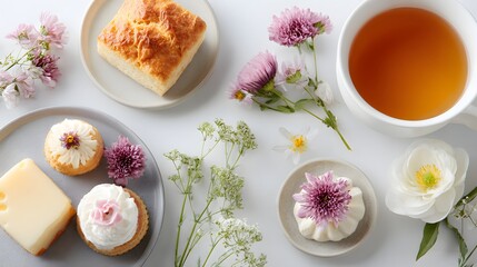 Assorted Pastries, Floral Arrangements, and a Cup of Tea on a Light Background in Afternoon Setting