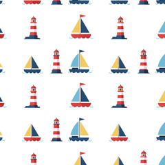 A repeating pattern of lighthouses and sailboats on a white background.