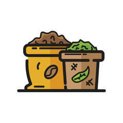 Two sacks one gold and one brown are side by side The gold sack has a coffee bean the brown sack contains green leaves