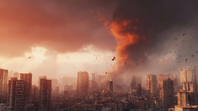 Dramatic cityscape consumed by apocalyptic tornado funnel cloud at sunset, swirling debris in the air, apocalypse atmospheric chaos, surreal lighting, natural disaster approaching modern urban skyline