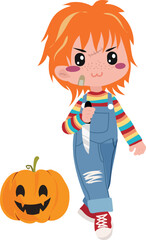Illustration of Evil Doll with Pumpkin