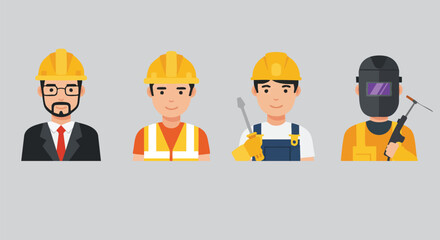 Diverse construction workers, each wearing a hard hat, represent various professions, showcasing teamwork and expertise in the building industry.