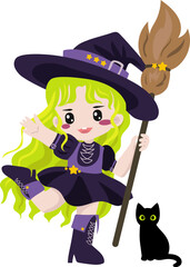 Cute Witch Cartoon Character with Broom