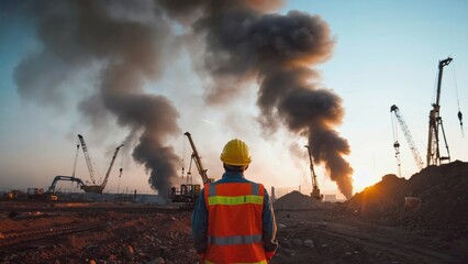 Worker in a yellow hard hat and safety vest watches billowing black smoke from heavy industrial cranes and construction equipment at sunset, symbolizing industrial activity and environmental impact.