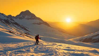 a person is hiking in a snowy mountainous area during sunrise or sunset, with majestic mountains in the background under a yellow sky.