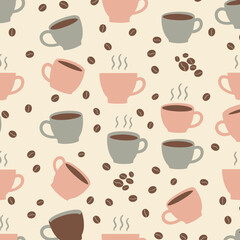 A pattern featuring various coffee cups and coffee beans on a light background.