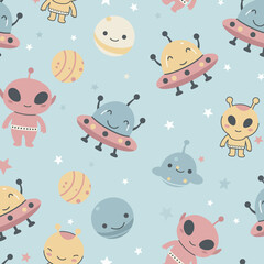 A playful pattern featuring cute aliens, spaceships, and planets on a light blue background.