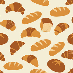 A pattern of various types of bread including croissants and loaves on a light background.