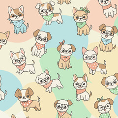 A playful pattern featuring cute cartoon dogs wearing bandanas and glasses.