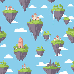 A whimsical landscape of floating islands with houses and greenery against a blue sky.