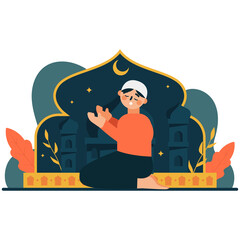 Muslim Man Praying with Open Hands in front of Mosque Silhouette at Night on Transparent Background Spiritual Religious Ritual with Orange Leaf Decor