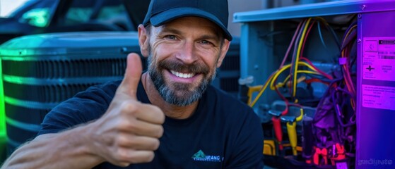 Professional HVAC Technician Giving Thumbs Up Authentic Home Heating and Air Conditioning Repair Solutions for Confident Residential Service Marketing