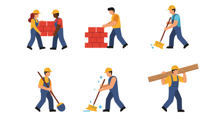 Fototapeta premium Diverse construction workers diligently performing various tasks, including bricklaying, sweeping, and carrying materials, in a vector illustration.