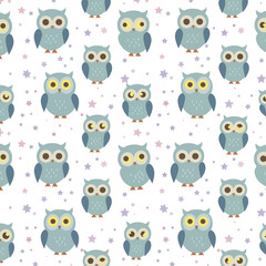 A whimsical pattern featuring cute owls and stars in soft colors.
