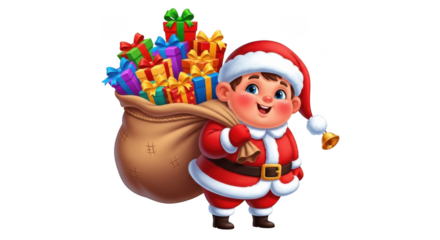 Joyful christmas elf carrying a sack full of gifts presents holiday spirit