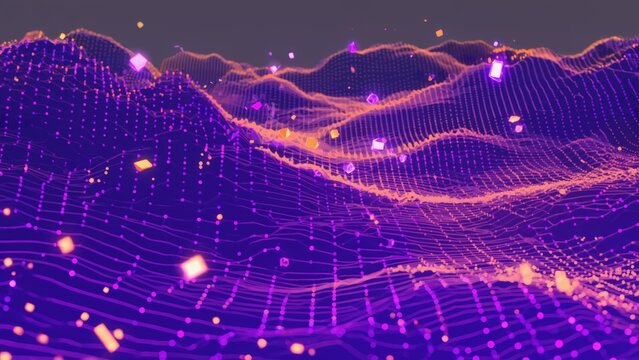 Abstract digital landscape with glowing purple grid lines and floating orange particles, forming a futuristic 3D terrain that symbolizes data flow, cyberspace, and high-tech digital environments.