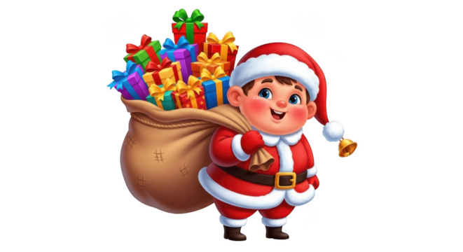 Joyful christmas elf carrying a sack full of gifts presents holiday spirit