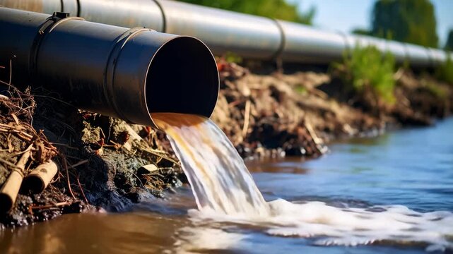 Polluted water flowing from large metal drainage pipe into a river, showing environmental contamination and ecological impact in nature.