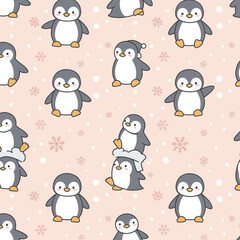 A cute pattern featuring cartoon penguins on a soft pink background with snowflakes.