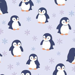 A playful pattern featuring cartoon penguins and snowflakes on a light purple background.