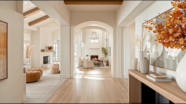 Nordic-style house entryway marked by simple, clean aesthetics, light wood accents, and a lit candle that adds intimacy and gentle warmth to the space.