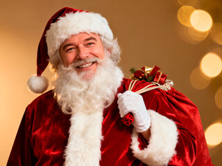 Jolly Santa with red gift sack on warm golden lights