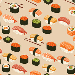 A colorful pattern featuring various sushi types and ingredients, ideal for food-themed designs.