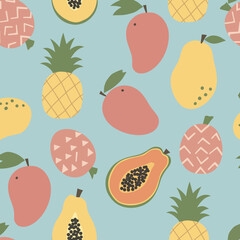 A colorful pattern featuring various fruits like mangoes, pineapples, and papayas on a blue background.