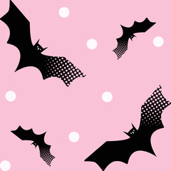 Halloween seamless pattern Bats and white polka dots on pink background spooky spirit autumn holiday Vector illustration