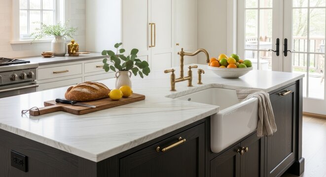 Elegant Modern Farmhouse Kitchen with White Marble Island, Dark Wood Cabinets, Brass Fixtures, and Abundant Natural Light