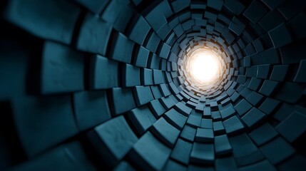 The image showcases a mesmerizing tunnel composed of dark blue geometric blocks that converge towards a central point of bright light, creating a dynamic sense of depth.