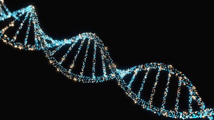 Helical DNA structure created from a series of glowing digital particles conveys the beauty of genetics, biotechnology advancement, data visualization, and modern research in genome sequencing.