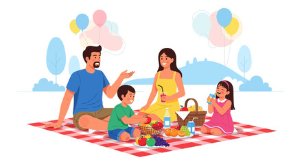 Happy family enjoying a picnic in the park with food and balloons
