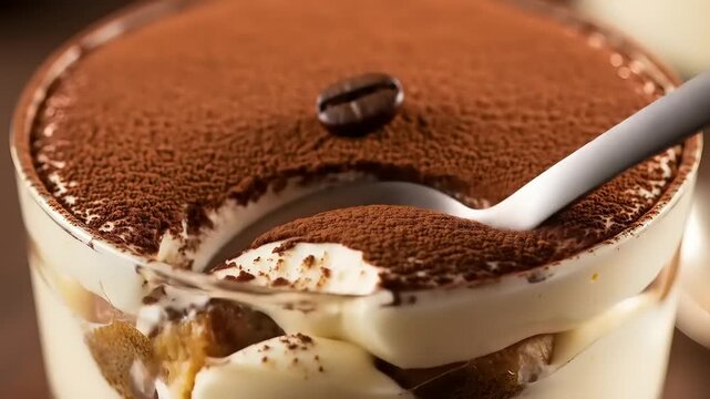 A spoonful of classic Italian tiramisu dessert with rich mascarpone cream and cocoa dusting, served in a glass