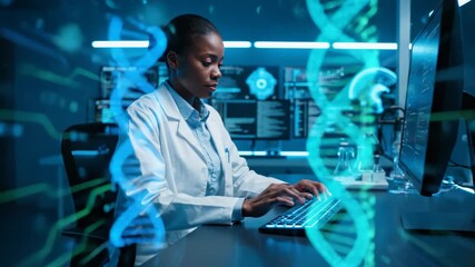 Woman Scientist Working on Computer With Dna Hologram Overlay - Powered by Adobe