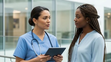 Female doctor consulting patient using digital tablet in modern hospital environment - Powered by Adobe