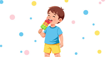 Fototapeta premium Happy Young Boy Enjoying Colorful Fruity Ice Pop With Joyful Expression and Delight