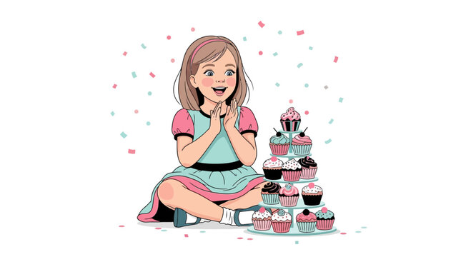 Happy girl looking at cupcakes with a stack of desserts and confetti celebration