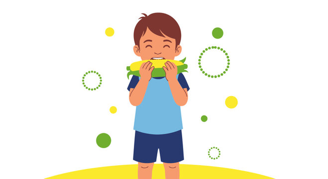 Happy Youngster Relishes Corn on the Cob, Showing Joy and Healthy Eating in Colorful Art