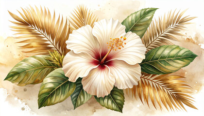 Elegant White Hibiscus Flower with Tropical Leaves Watercolor Illustration
