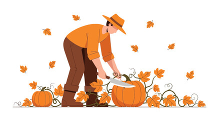Harvesting Pumpkins: A Farmer's Autumnal Endeavor in Vibrant Orange Fields and Foliage