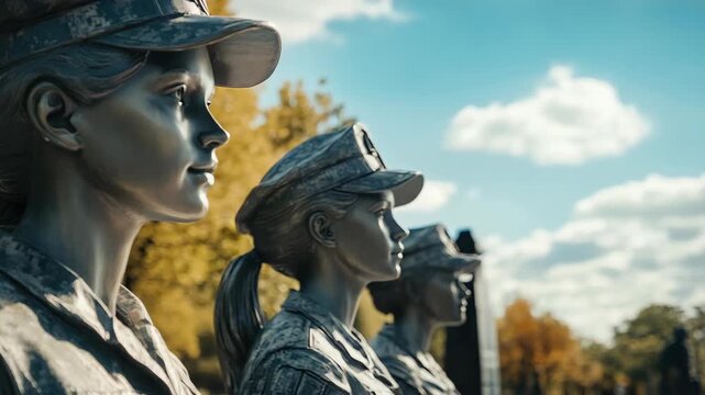 Bronze female soldier statues in uniform lined up outdoors on sunny day